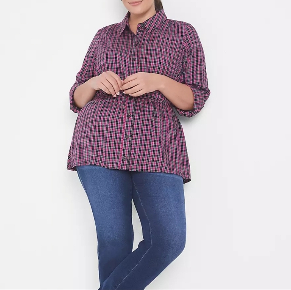 Lane Bryant Pink and Blue Plaid Button-Down Shirt. Size 14. Rayon.